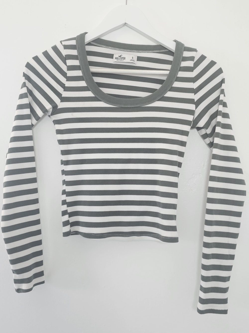 Hollister Green and White Striped Ribbed Scoop-Neck Long Sleeve Top